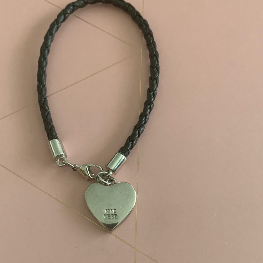 Nine West Black Braided Bracelet with Silver Heart Charm - pristine condition